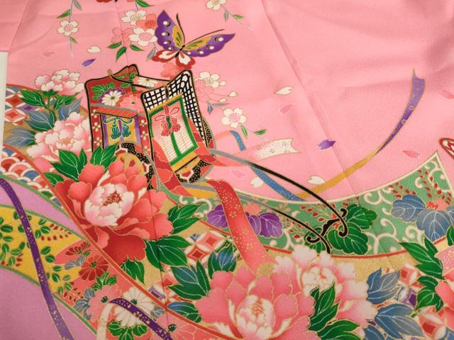平和屋着物[]七五三　女の子　７歳　祝着　四つ身　御所車花蝶文　金彩　AABI2661ja