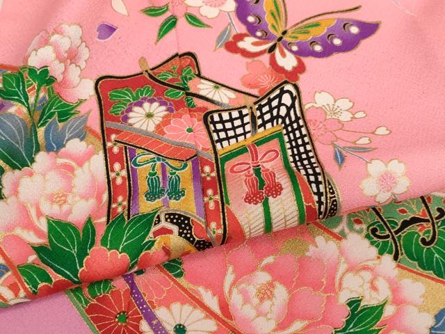 平和屋着物[]七五三　女の子　７歳　祝着　四つ身　御所車花蝶文　金彩　AABI2661ja