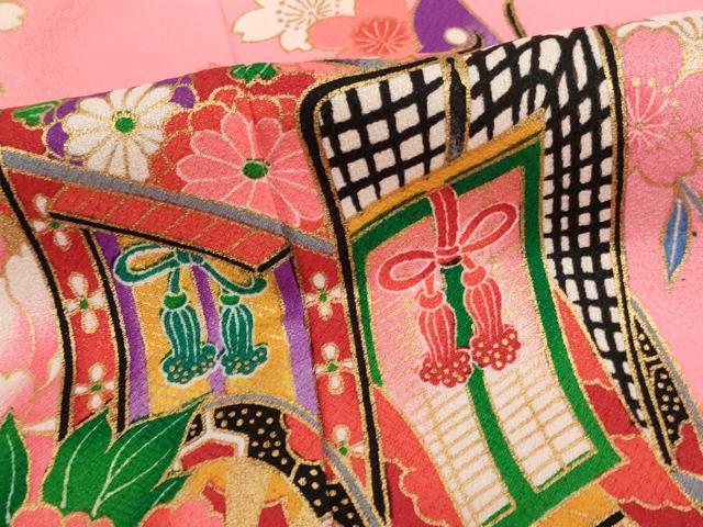 平和屋着物[]七五三　女の子　７歳　祝着　四つ身　御所車花蝶文　金彩　AABI2661ja