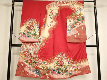 平和屋着物[]七五三　女の子　７歳　祝着　四つ身　花蝶文　暈し染め　金彩　逸品　AABI2662ja