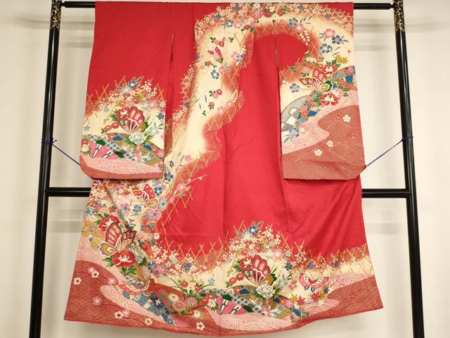 平和屋着物[]七五三　女の子　７歳　祝着　四つ身　花蝶文　暈し染め　金彩　逸品　AABI2662ja