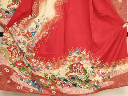 平和屋着物[]七五三　女の子　７歳　祝着　四つ身　花蝶文　暈し染め　金彩　逸品　AABI2662ja