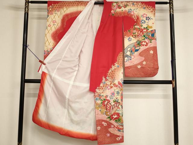 平和屋着物[]七五三　女の子　７歳　祝着　四つ身　花蝶文　暈し染め　金彩　逸品　AABI2662ja