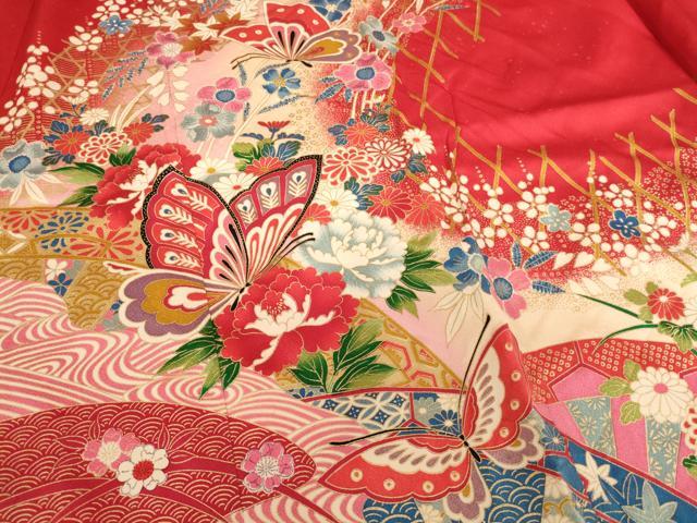 平和屋着物[]七五三　女の子　７歳　祝着　四つ身　花蝶文　暈し染め　金彩　逸品　AABI2662ja