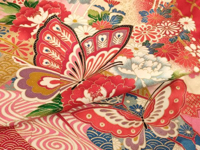 平和屋着物[]七五三　女の子　７歳　祝着　四つ身　花蝶文　暈し染め　金彩　逸品　AABI2662ja