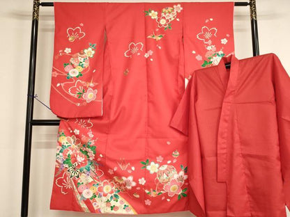 平和屋着物[]七五三　女の子　７歳　祝着　四つ身　長襦袢（単衣）セット　花車文　金彩　AABI2663ja