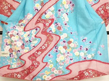 平和屋着物[]七五三　女の子　７歳　祝着　四つ身　長襦袢（単衣）セット　花蝶文　金彩　未使用　AABI2664ja