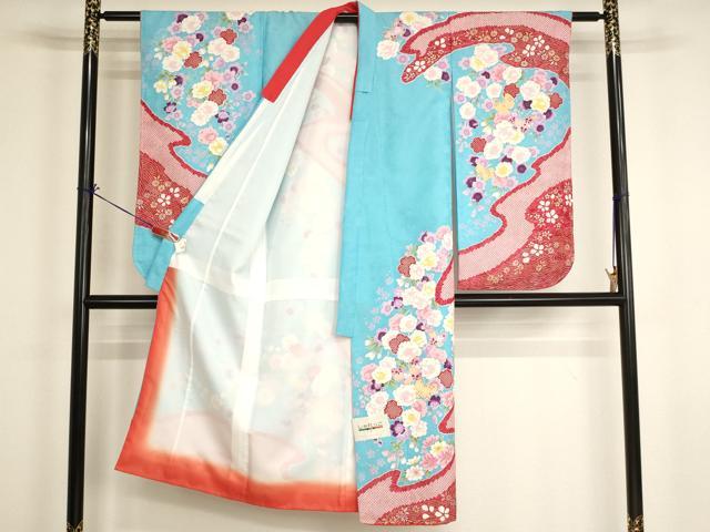 平和屋着物[]七五三　女の子　７歳　祝着　四つ身　長襦袢（単衣）セット　花蝶文　金彩　未使用　AABI2664ja