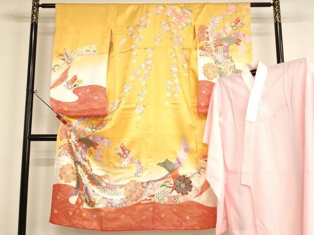 平和屋着物[]七五三 女の子 ７歳 祝着 四つ身 長襦袢（単衣）セット 束ね熨斗花蝶文 暈し染め 金彩 AABI2666ja