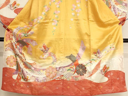 平和屋着物[]七五三　女の子　７歳　祝着　四つ身　長襦袢（単衣）セット　束ね熨斗花蝶文　暈し染め　金彩　AABI2666ja