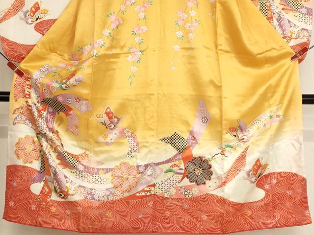 平和屋着物[]七五三　女の子　７歳　祝着　四つ身　長襦袢（単衣）セット　束ね熨斗花蝶文　暈し染め　金彩　AABI2666ja
