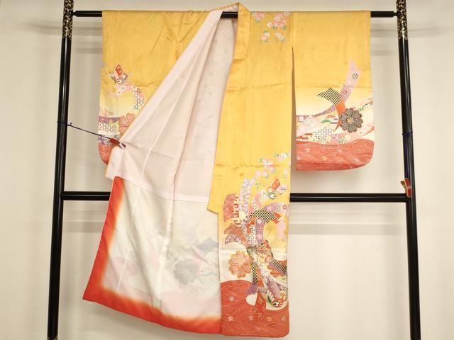 平和屋着物[]七五三　女の子　７歳　祝着　四つ身　長襦袢（単衣）セット　束ね熨斗花蝶文　暈し染め　金彩　AABI2666ja