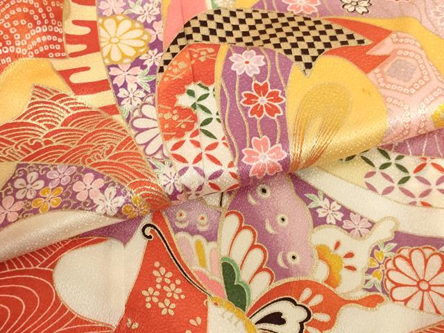 平和屋着物[]七五三　女の子　７歳　祝着　四つ身　長襦袢（単衣）セット　束ね熨斗花蝶文　暈し染め　金彩　AABI2666ja