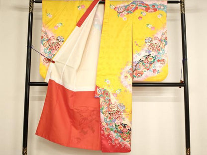 平和屋着物[]七五三　女の子　７歳　祝着　四つ身　長襦袢（単衣）セット　花手毬文　暈し染め　金彩　AABI2667ja