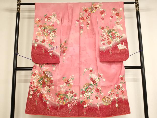平和屋着物[]七五三　女の子　７歳　祝着　四つ身　花手毬文　折り鶴　暈し染め　金彩　逸品　AABI2668ja