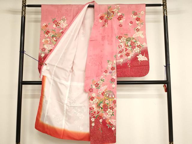 平和屋着物[]七五三　女の子　７歳　祝着　四つ身　花手毬文　折り鶴　暈し染め　金彩　逸品　AABI2668ja