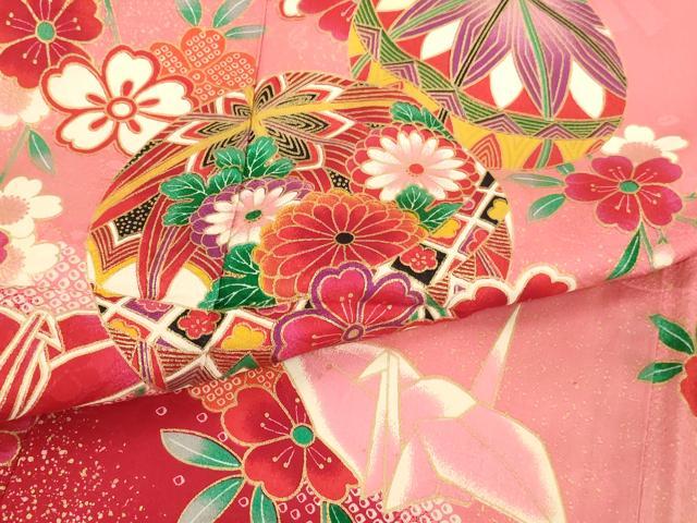 平和屋着物[]七五三　女の子　７歳　祝着　四つ身　花手毬文　折り鶴　暈し染め　金彩　逸品　AABI2668ja
