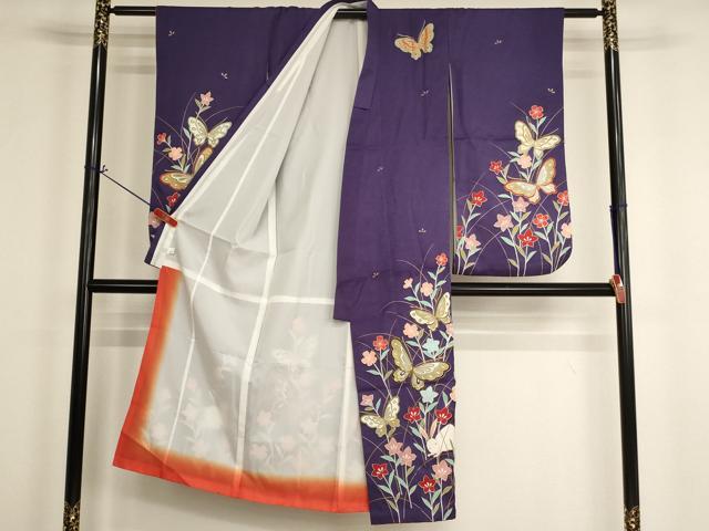 平和屋着物[]七五三　女の子　７歳　祝着　四つ身　長襦袢（単衣）セット　花蝶文　兎　金銀彩　AABI2669ja