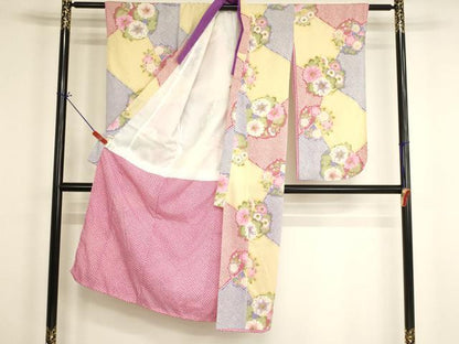 平和屋着物[]七五三　女の子　７歳　祝着　四つ身　JAPAN STYLE　花丸文　鬼しぼ縮緬　洗える着物　未使用　AABI2671ja