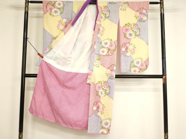 平和屋着物[]七五三　女の子　７歳　祝着　四つ身　JAPAN STYLE　花丸文　鬼しぼ縮緬　洗える着物　未使用　AABI2671ja
