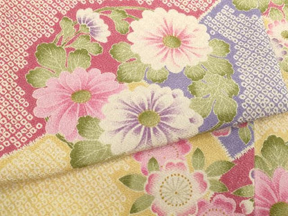 平和屋着物[]七五三　女の子　７歳　祝着　四つ身　JAPAN STYLE　花丸文　鬼しぼ縮緬　洗える着物　未使用　AABI2671ja