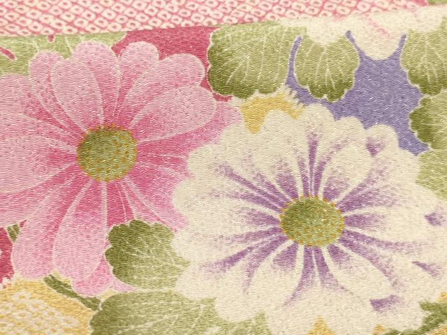 平和屋着物[]七五三　女の子　７歳　祝着　四つ身　JAPAN STYLE　花丸文　鬼しぼ縮緬　洗える着物　未使用　AABI2671ja