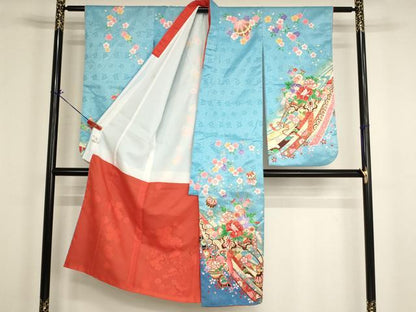 平和屋着物[]七五三　女の子　７歳　祝着　四つ身　花車文　暈し染め　金彩　AABI2672ja
