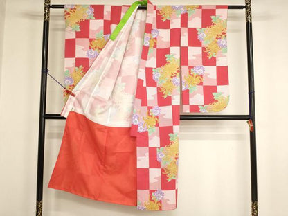 平和屋着物[]七五三　女の子　７歳　祝着　四つ身　市松花文　洗える着物　未使用　AABI2673ja