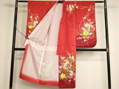 平和屋着物[]七五三　女の子　７歳　祝着　四つ身　花蝶文　暈し染め　金彩　洗える着物　AABI2674ja