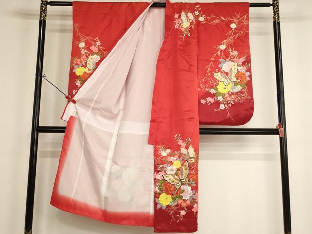 平和屋着物[]七五三　女の子　７歳　祝着　四つ身　花蝶文　暈し染め　金彩　洗える着物　AABI2674ja