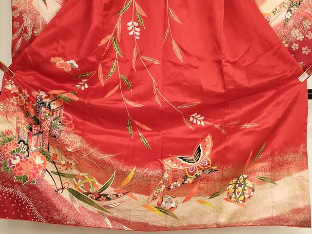 平和屋着物[]七五三　女の子　７歳　祝着　四つ身　御所車花文　暈し染め　金彩　AABI2675ja