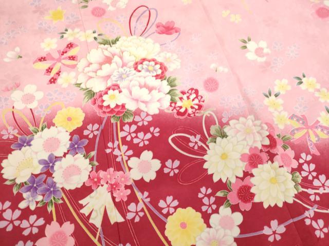 平和屋着物[]七五三　女の子　７歳　祝着　四つ身　薬玉文　暈し染め　金彩　AABI2678ja