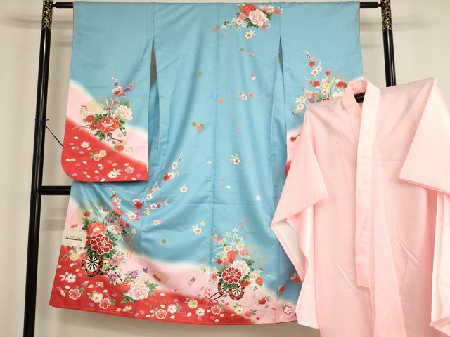 平和屋着物[]七五三　女の子　７歳　祝着　四つ身　長襦袢（袷）セット　花車文　暈し染め　金彩　未使用　AABI2679ja
