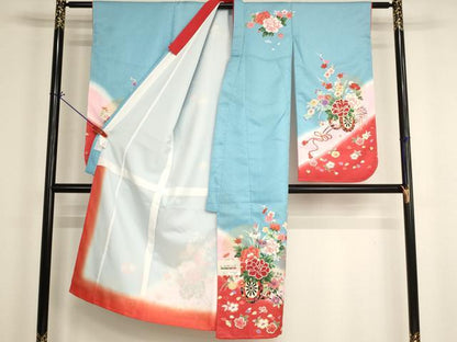 平和屋着物[]七五三　女の子　７歳　祝着　四つ身　長襦袢（袷）セット　花車文　暈し染め　金彩　未使用　AABI2679ja