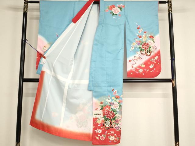 平和屋着物[]七五三　女の子　７歳　祝着　四つ身　長襦袢（袷）セット　花車文　暈し染め　金彩　未使用　AABI2679ja