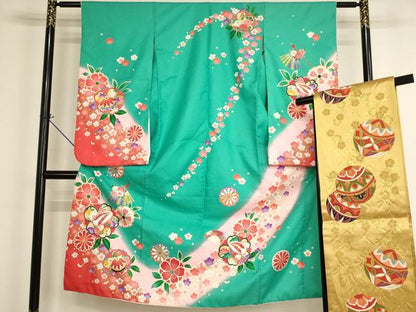 平和屋着物[]七五三　女の子　７歳　祝着　四つ身　袋帯セット　舞桜文　ぽっくり下駄　簪　暈し染め　金彩　AABI2680ja