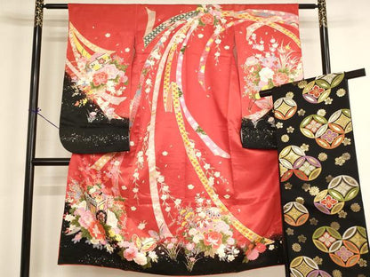 平和屋着物[]七五三　女の子　７歳　祝着　四つ身　袋帯セット　御所車花文　暈し染め　金彩　AABI2681ja