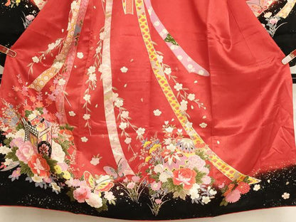 平和屋着物[]七五三　女の子　７歳　祝着　四つ身　袋帯セット　御所車花文　暈し染め　金彩　AABI2681ja