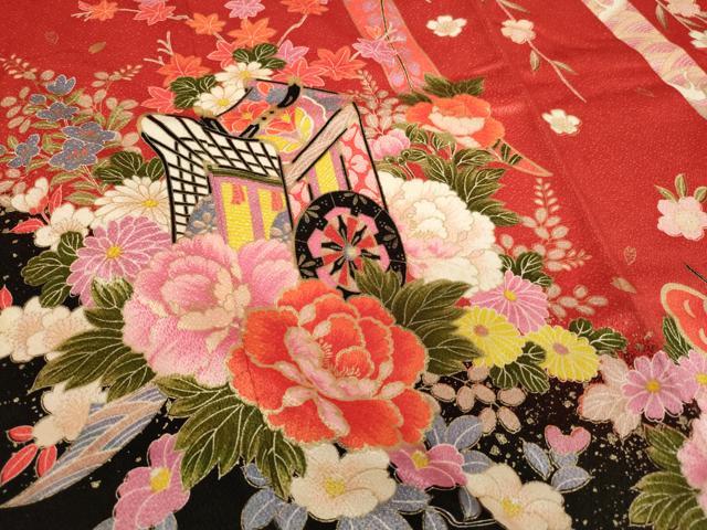 平和屋着物[]七五三　女の子　７歳　祝着　四つ身　袋帯セット　御所車花文　暈し染め　金彩　AABI2681ja