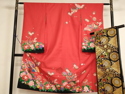 平和屋着物[]七五三　女の子　７歳　祝着　四つ身　袋帯セット　扇面花蝶手毬文　金彩　AABI2682ja