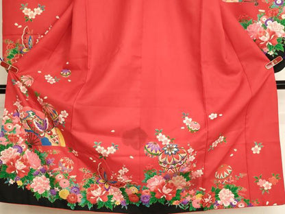 平和屋着物[]七五三　女の子　７歳　祝着　四つ身　袋帯セット　扇面花蝶手毬文　金彩　AABI2682ja