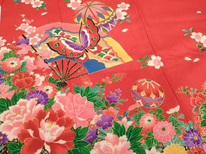 平和屋着物[]七五三　女の子　７歳　祝着　四つ身　袋帯セット　扇面花蝶手毬文　金彩　AABI2682ja
