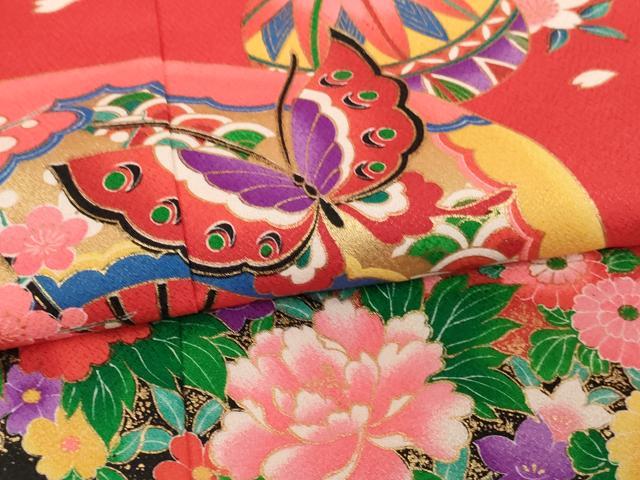 平和屋着物[]七五三　女の子　７歳　祝着　四つ身　袋帯セット　扇面花蝶手毬文　金彩　AABI2682ja