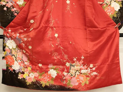 平和屋着物[]七五三　女の子　７歳　祝着　四つ身　御所車花文　暈し染め　金彩　洗える着物　未使用　AABI2685ja