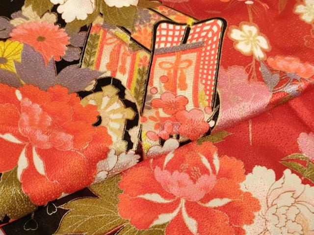 平和屋着物[]七五三　女の子　７歳　祝着　四つ身　御所車花文　暈し染め　金彩　洗える着物　未使用　AABI2685ja