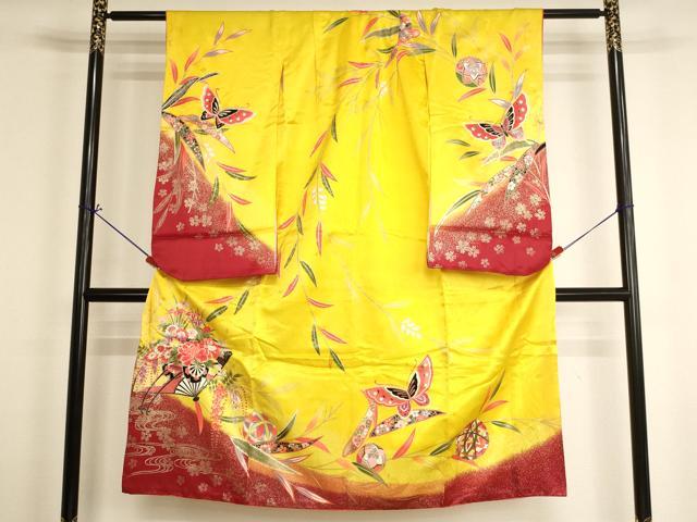 平和屋着物[]七五三 女の子 ７歳 祝着 四つ身 扇面花車文 暈し染め 金彩 洗える着物 AABI2686ja