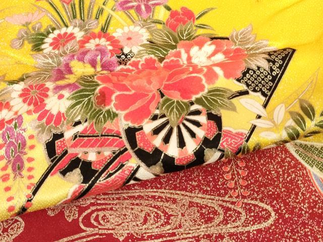 平和屋着物[]七五三　女の子　７歳　祝着　四つ身　扇面花車文　暈し染め　金彩　洗える着物　AABI2686ja
