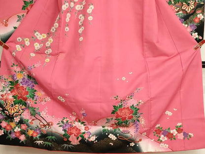 平和屋着物[]七五三　女の子　７歳　祝着　四つ身　花車文　暈し染め　金彩　洗える着物　AABI2687ja