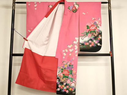 平和屋着物[]七五三　女の子　７歳　祝着　四つ身　花車文　暈し染め　金彩　洗える着物　AABI2687ja
