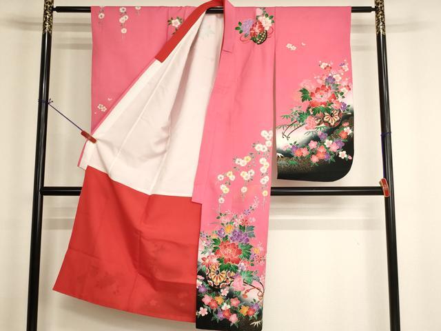 平和屋着物[]七五三　女の子　７歳　祝着　四つ身　花車文　暈し染め　金彩　洗える着物　AABI2687ja